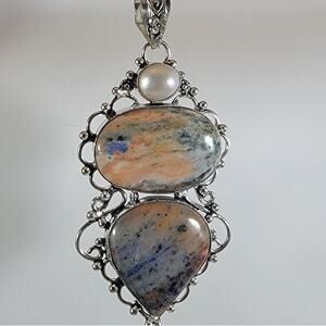 Picture Jasper Pendant – With Pearl Accent + 20" Sterling Silver Chain